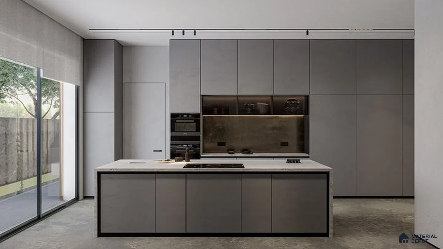 A kitchen with marble counter tops and wooden cabinetry, along with an island in the middle of the middle of the island in the middle of it is clean and dining room with white counter top space for us